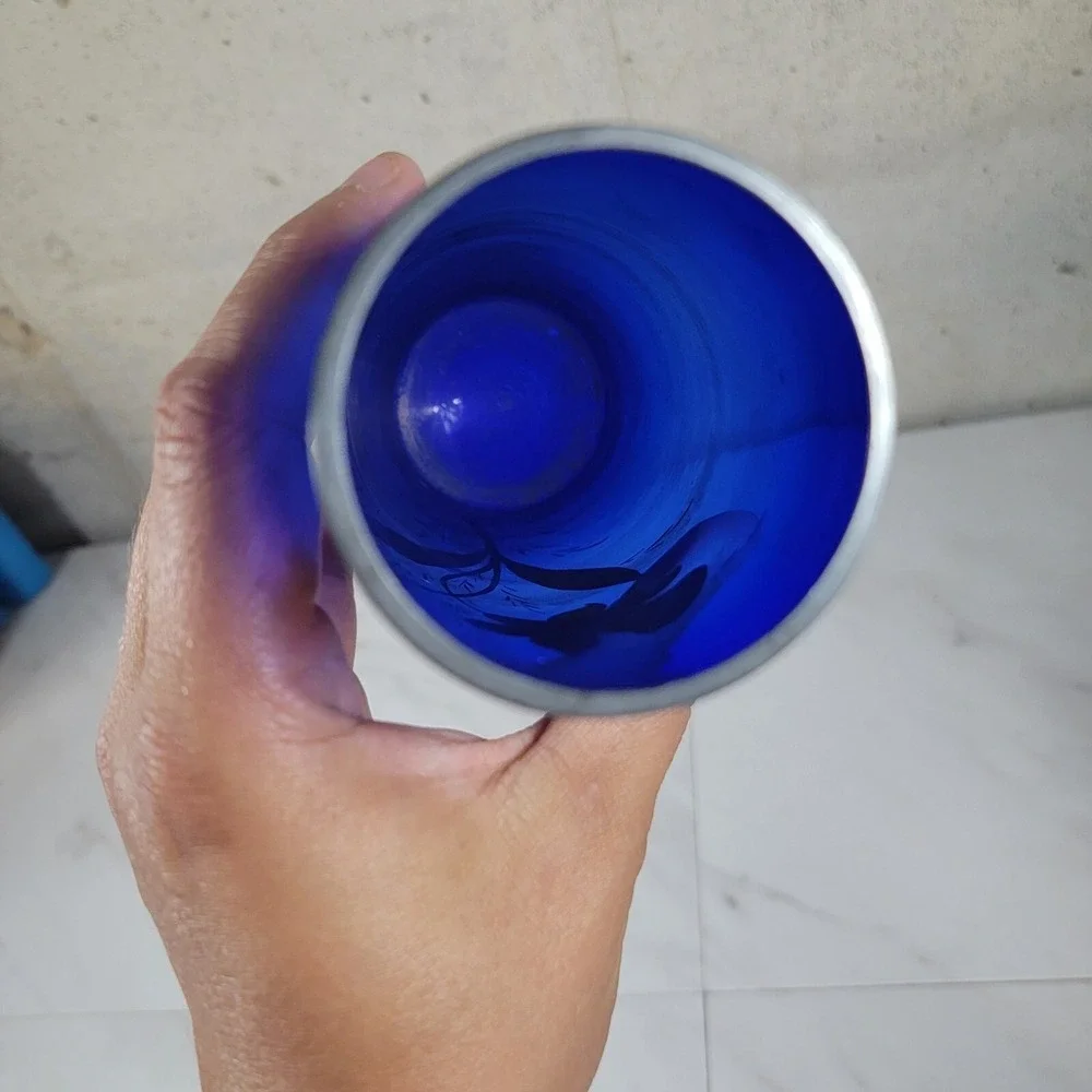 Vintage Cobalt Blue Czech Glass 8.5 Inch Vase Hand Painted‎ Silver Flowers